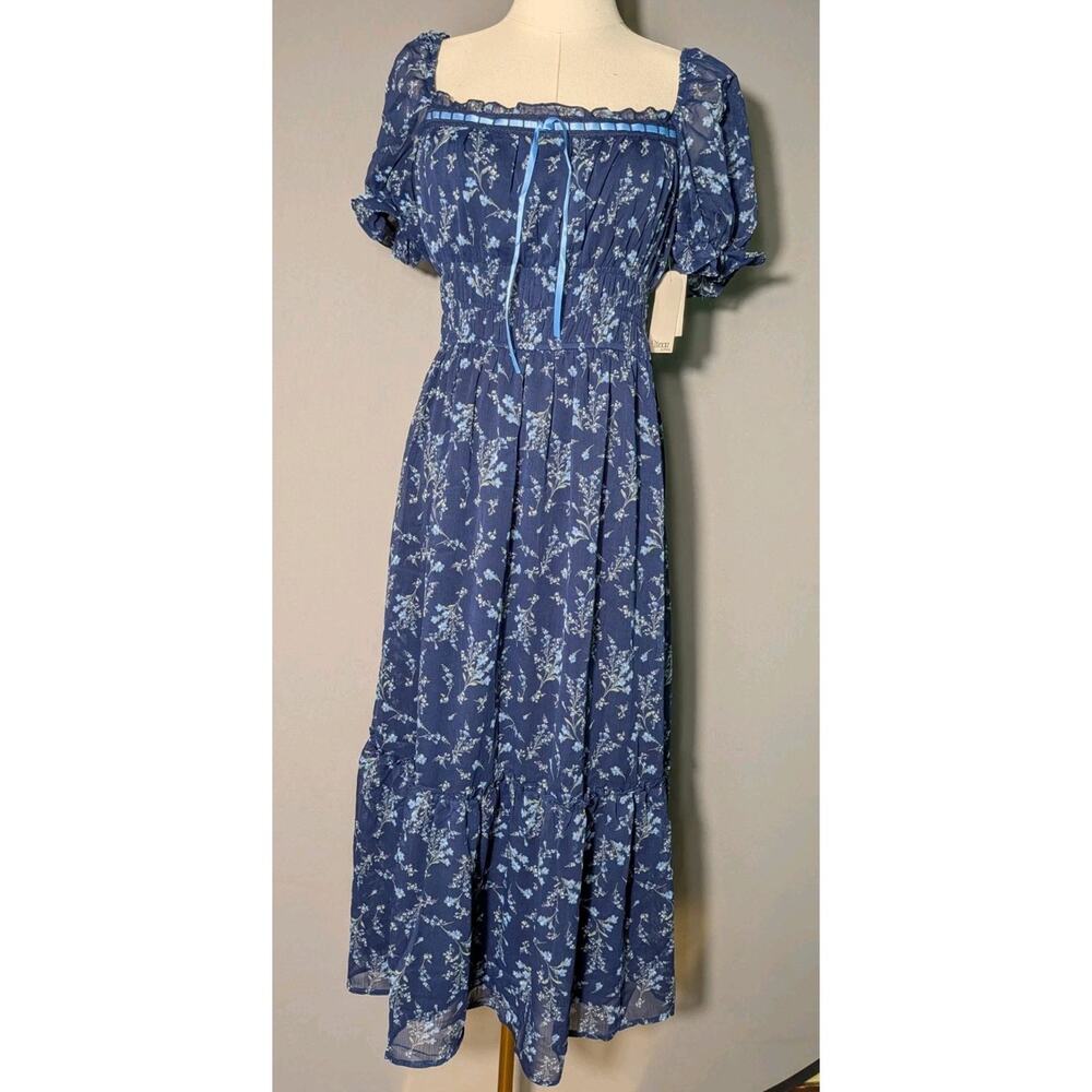 NWT Trixxi Blue Floral Coquette Cottagecore Midi Dress Size M Puff Sleeves